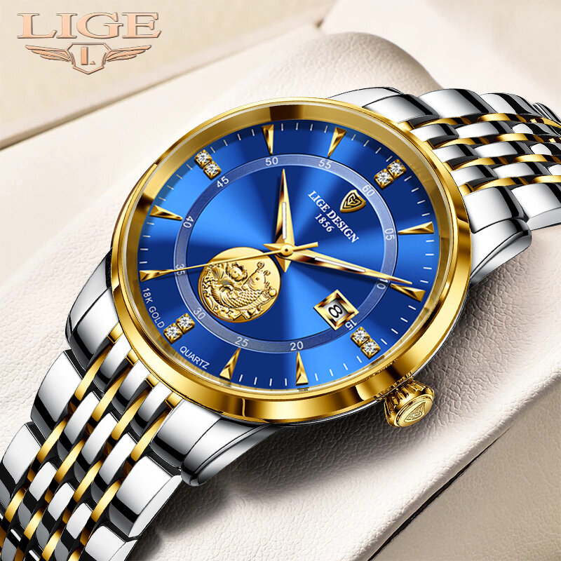 LIGE Fashion Ultra Thin Mens Watches Calendar Stainless Steel Luxury Waterproof Quartz Wristwatch Men Clock Relogio Masculino