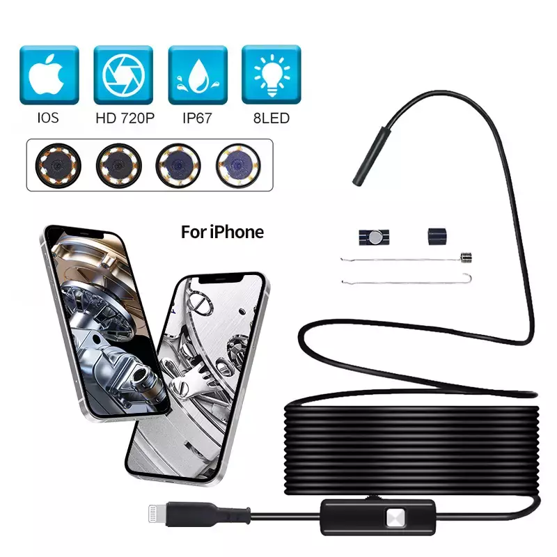 Endoscope for IOS 8mm 720P Borescope Inspection Snake Camera IP67 Waterproof Semi-rigid Cable With 8 LED For iOS