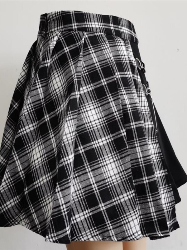 Saia plissada fina de cintura alta feminina, costura subcultura, punk gótico, xadrez preto e branco, Harajuku, moda verão, nova