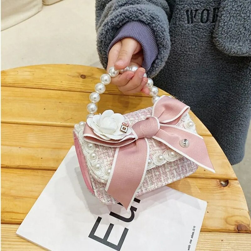 Mini bolsa crossbody corrente com alça de pérola, bolsa de moedas arco-nó moda, bolsa de ombro princesa, embreagem quadrada, bolsa infantil