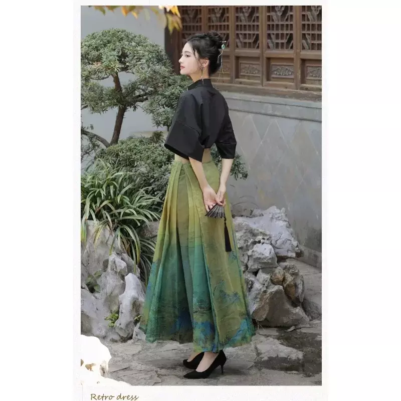 Elegante blusa Hanfu de manga corta negra para mujer, falda china con cara de caballo, ropa de diario, vestidos de graduación