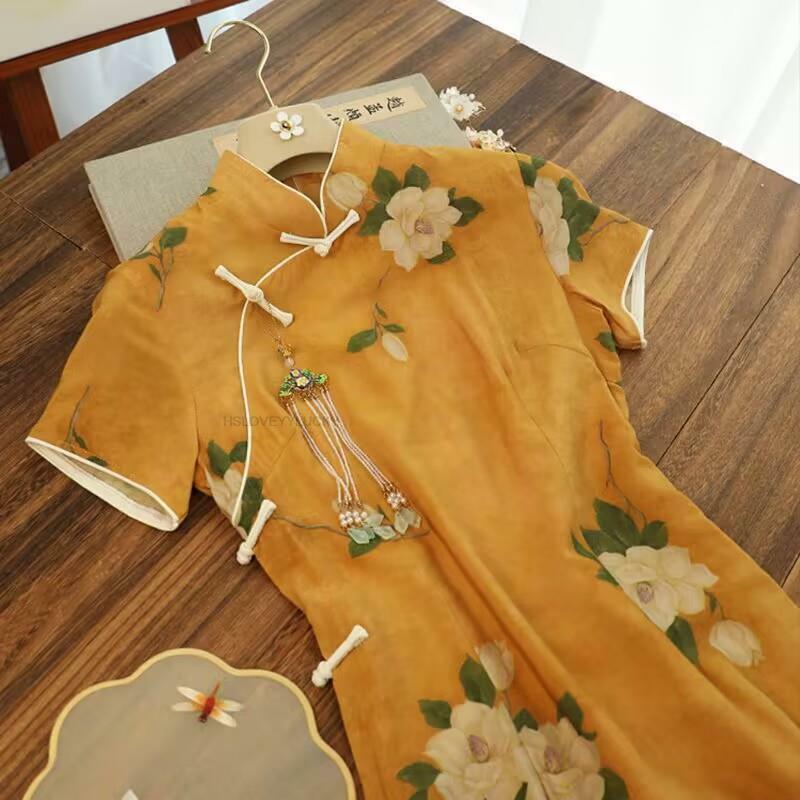 Новое улучшенное элегантное платье Ципао в китайском стиле, женское платье с коротким рукавом и воротником-стойкой, облегающее платье с цветочным принтом, ханьфу, Ципао