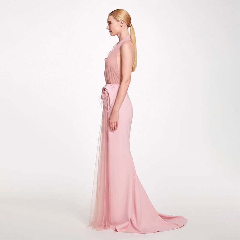 Gaun malam Halter Pink seksi gaun Prom ruffle punggung terbuka leher V untuk acara spesial gaun liburan 2024