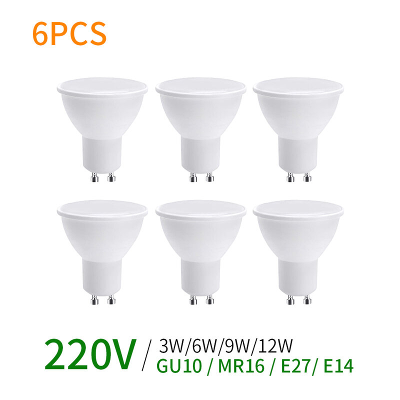Ampoule LED GU10 pour éclairage domestique, lampe à maïs MR16, spot lumineux, lampe Bombilla Lam138 E14, 220V, 3W, 6W, 9W, 12W, 6 pièces