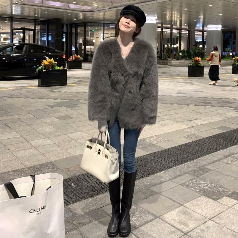 Abrigo de piel de alta gama para mujer, ropa de invierno de estilo coreano, chaqueta elegante informal cálida de manga larga a la moda, C62, 2023