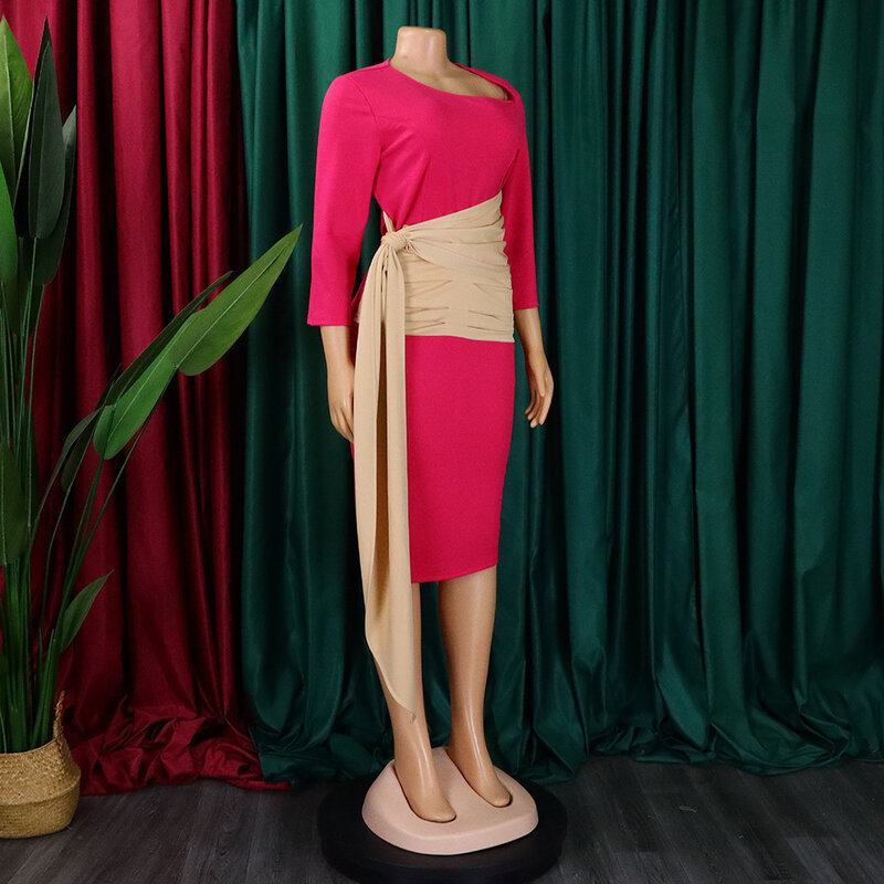 Женское Деловое платье с косым воротником, элегантное облегающее платье до середины икры с длинным рукавом и поясом, офисное платье для работы