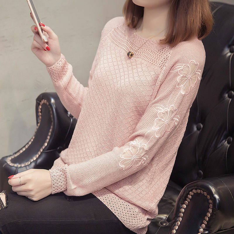 Suéter de manga larga informal para mujer, ropa de punto básica holgada de color liso con encaje calado Sexy, moda coreana, primavera y otoño