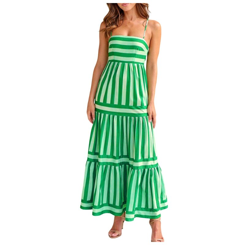 فستان نسائي طويل بحمالات سباغيتي للشاطئ بوهيمي ، ياقة مربعة ، فستان طويل بلا أكمام ، فساتين نسائية مطبوعة مخططة عارية الظهر