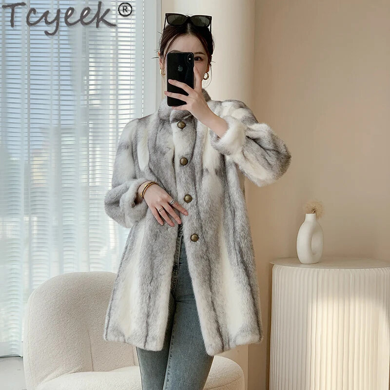 Пальто из натурального меха норки Tcyeek, Женская куртка средней длины, модная теплая зимняя женская куртка, 2024 цельная