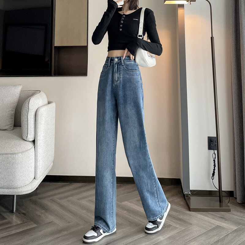 Wide-leg Jeans Women's Autumn New Blue Loose High-waist Straight Trousers Y2k American Retro Jeans Women Free Shipping