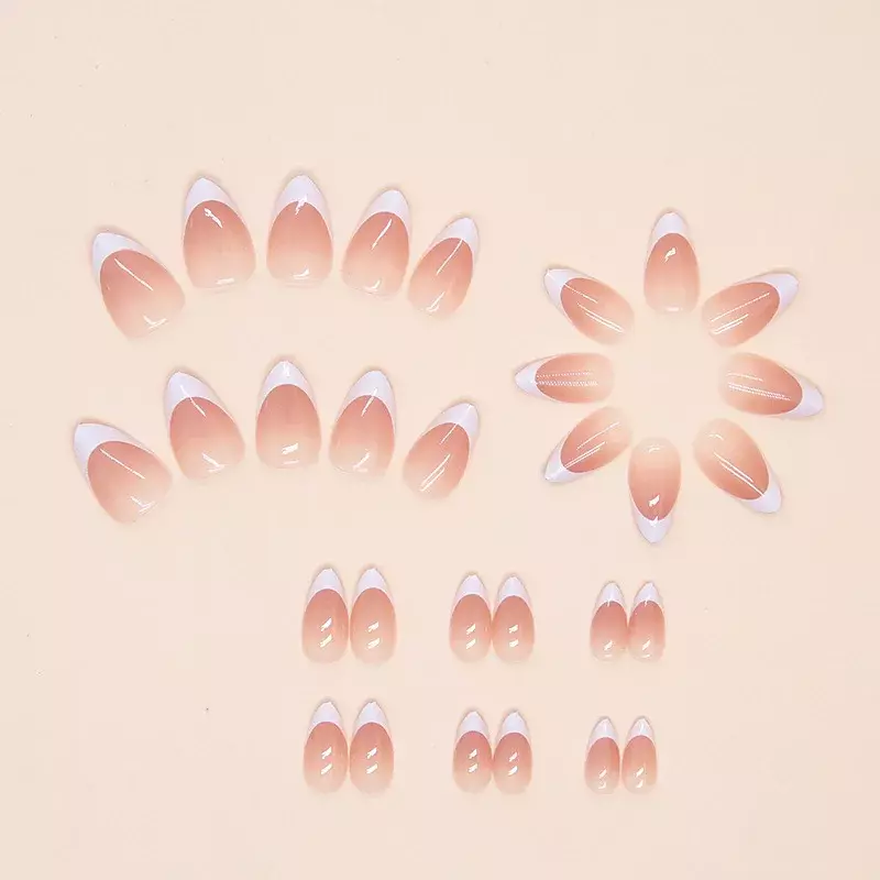 French False Nails Almond Fake Nails with Glue Press on White Edge Design Wearable Simple Ins Pink Stiletto Nail Tips