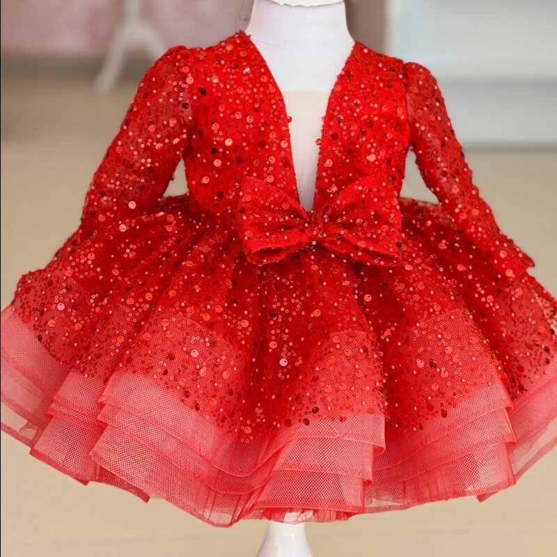 Sukienki dla dziewczynek kwiatowa śliczna różowa brokatowa cekinowa błyszcząca bufiasta Organza z kokardą Fit wesele księżniczka suknie balowe