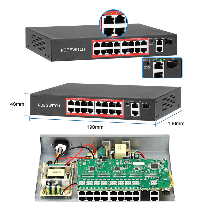 Techage 네트워크 POE 스위치, 이더넷 IP 카메라, 무선 AP, CCTV 카메라, 10/100Mbps IEEE 802.3 af/at, 4CH, 8CH, 16CH, 52V