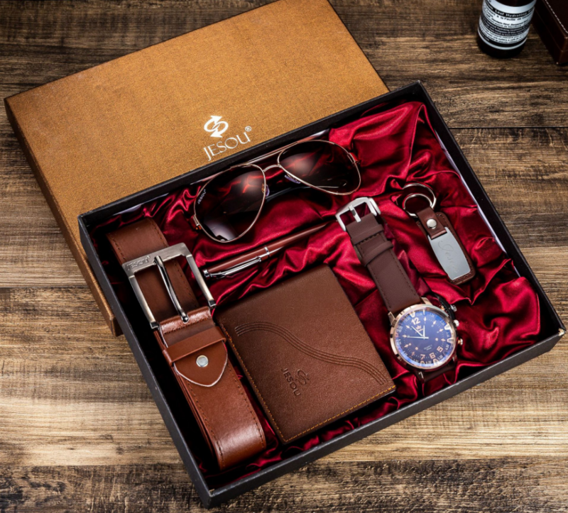 Ensemble cadeau pour hommes magnifiquement emballé montre + ceinture portefeuille créatif simple combinaison set-6pcs/ensemble
