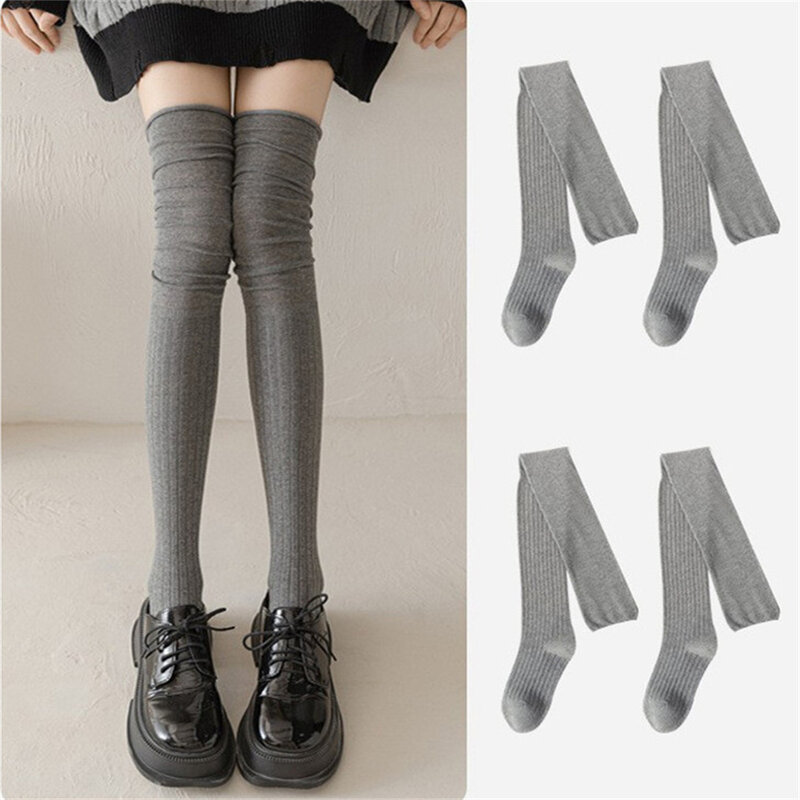 Kaus kaki panjang wanita stoking paha polos stoking kasual katun tinggi di atas lutut berbulu panjang Aksesori kaus kaki lutut