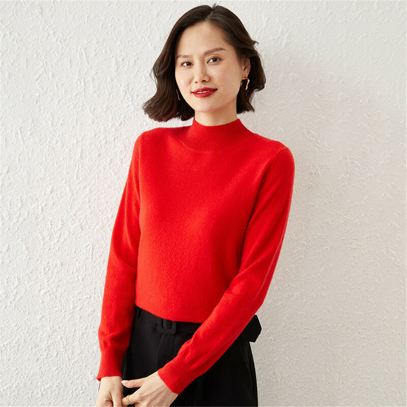 Suéter de lana con Cuello medio alto para mujer, camisa de punto de Color sólido, ropa de otoño e invierno, 2023
