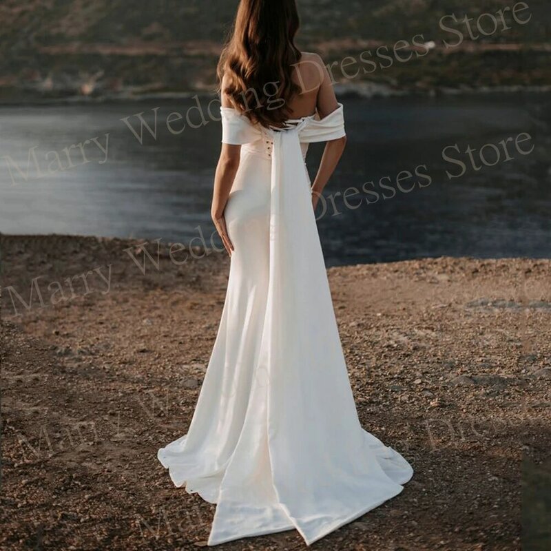 Simples generosos graciosos vestidos de noiva sereia, Charming Off The Shoulder Stain vestidos de noiva, Lace Up Backless Dress