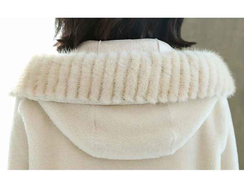 Casaco com capuz de pele de vison médio longo feminino, jaqueta de ovelha, casacos de lã, roupas masculinas, novo, inverno