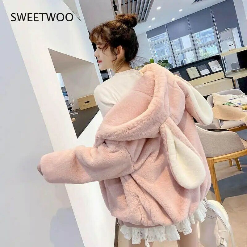 2022 Winter Kawaii Velvet Thickened Imitation Fur Coat Women's Loose  Cute Rabbit Ears Hooded Coat