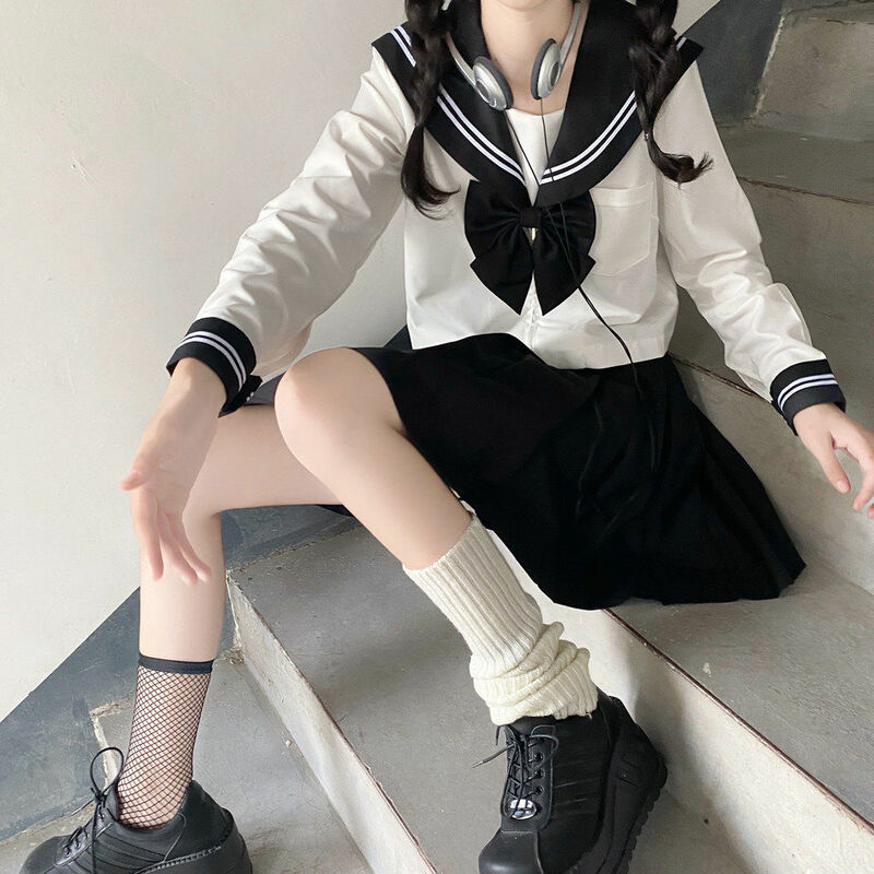 Seragam sekolah Jepang, JK hitam Sailor dasar kartun seragam pelaut angkatan laut Set kostum seragam wanita gadis