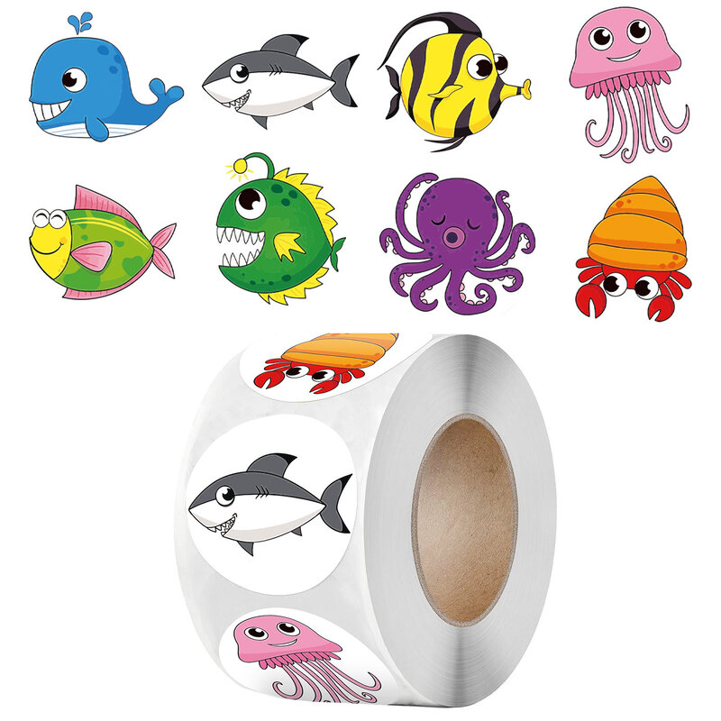 100-500 Pcs 1inch 2.5cm Sea Animal Stickers Roll Children's Toys Praise Reward Student Work Label Stationery Gift Sticker
