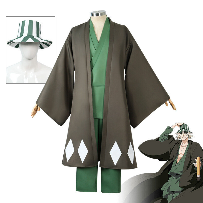 Disfraz de Anime Kisuke Urahara para hombre y mujer, uniforme de Cosplay, BLEA-CH, Kimono de Halloween, peluca, capa, Tops, pantalones, sombrero