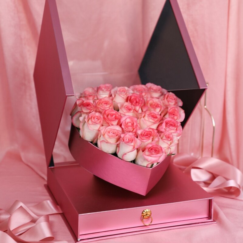 Kotak bunga jendela penuh akrilik persegi mewah kustom kotak mawar berbentuk hati kotak hadiah Hari Valentine dengan laci dan pita