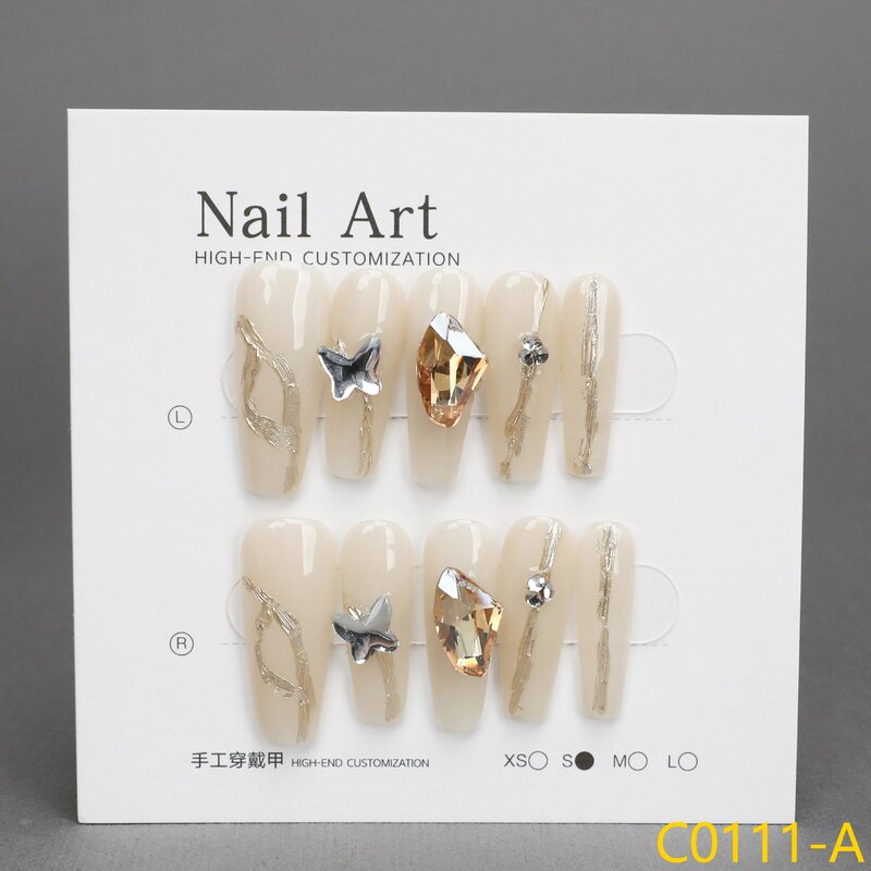 Imprensa Handmade removível On Nails, Stick-on Unhas Falsas, Nail Art, Glitter f Nail Patch, tamanho grande, 10pcs