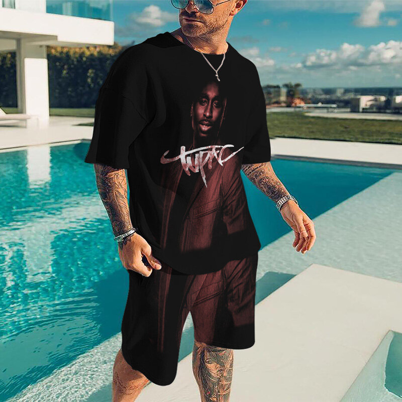 2023 Rap Singer 2pac Moda Homens T Shirt Set 3D Impressão Tupac Hip Hop Streetwear Oversize O Pescoço Manga Curta Tshirts Moda Pano