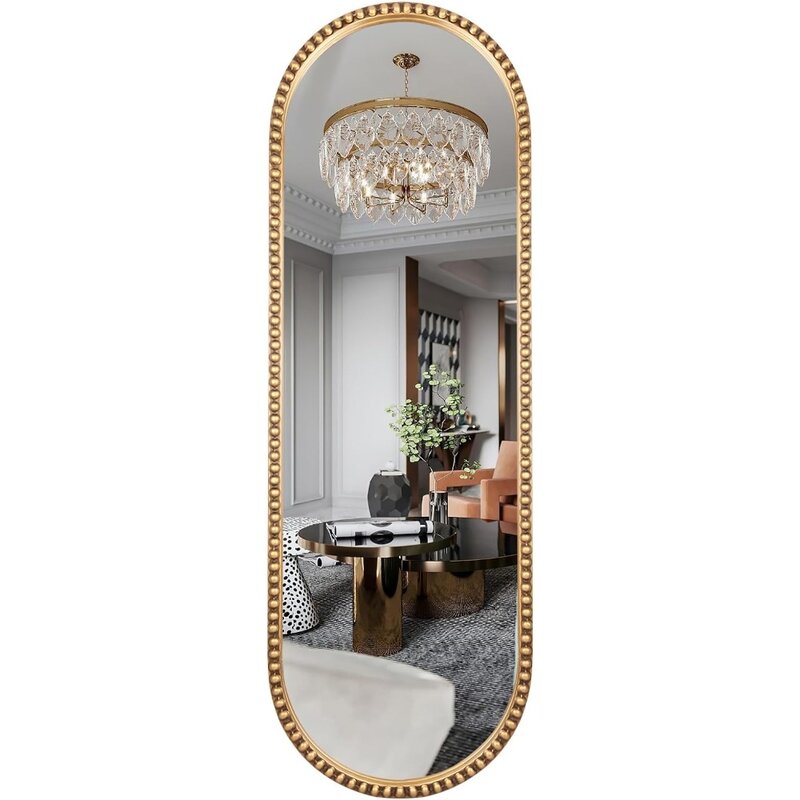 타원형 전체 길이 거울, 16 "x 47" 금속 구슬 프레임 거울, 벽용, 골동품 금 (스탠드 없음)