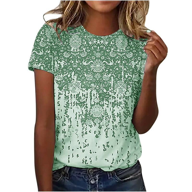 Camiseta con estampado Floral para mujer, blusa informal delicada de manga corta con cuello redondo, Ropa estética para verano, 2024