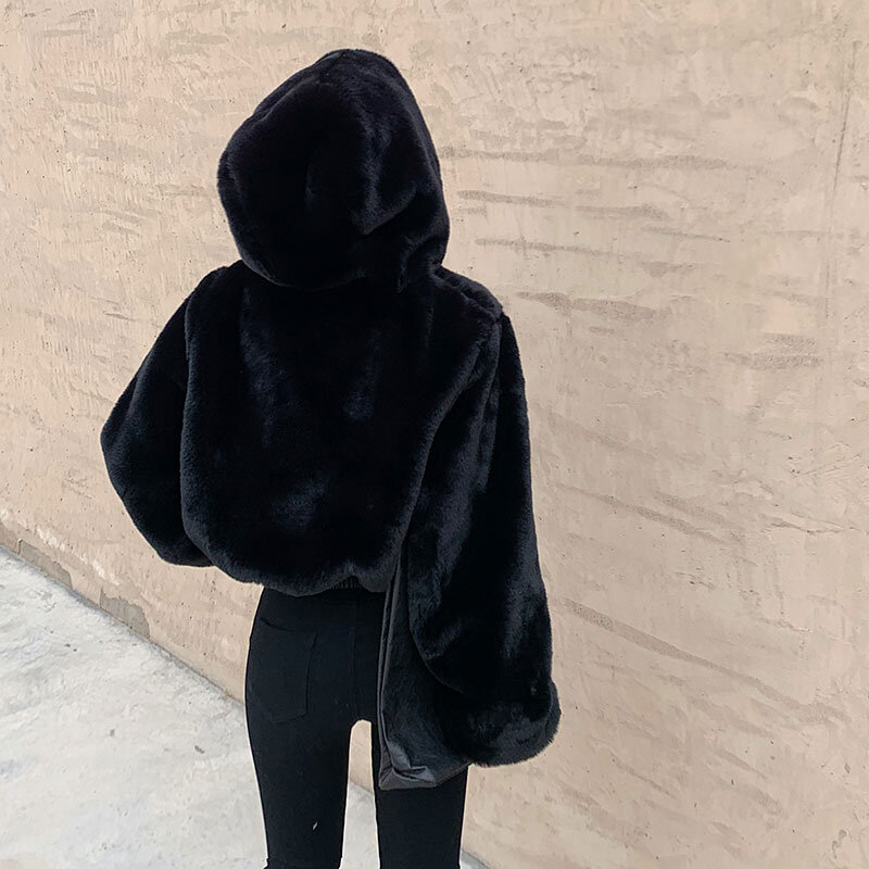 Mantel Bertudung Bulu Kelinci Palsu Wanita Jaket Bomber Bulu Imitasi Atasan Berbulu Halus Pendek Jaket Kardigan Musim Dingin Hangat Bulu Buatan