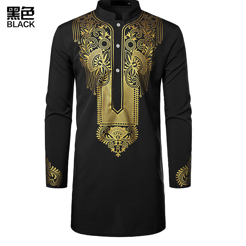 Dubai Luxe Casual Islamitisch Arabisch Abaya Gewaad Mode Etnische Print Opstaande Kraag Jeugd Mid-Length Shirt Jas Moslim Mannen Kleding