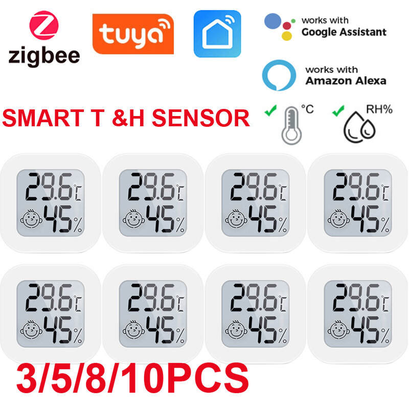 ZigBee Tuya termometer rumah cerdas, Sensor temperatur dan Kelembapan dalam ruangan dengan aplikasi tampilan LCD kontrol suara Alexa Google Home