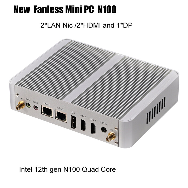 Mini PC sans ventilateur Intel Celeron N100, 12e génération, ordinateur de bureau de jeu, prise en charge DDR4, Wi-Fi 6, 3 écrans, 2 HDMI, 1 DP, Windows 11, 2 LAN