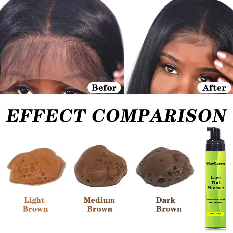 Mousse de tinte de encaje para pelucas delanteras, tinte de encaje ligero/Medio/oscuro, espuma de tinte de tono de piel para mujeres negras, 100ml