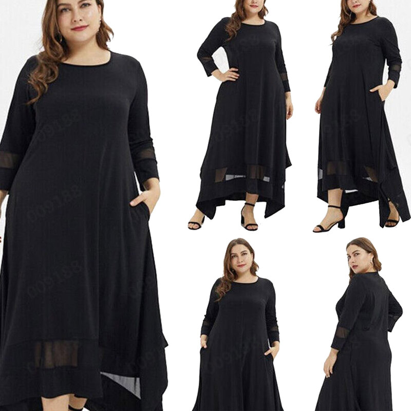 Vestido largo de talla grande liso a la moda para mujer, cuello redondo, perspectiva, manga larga, suelto, negro