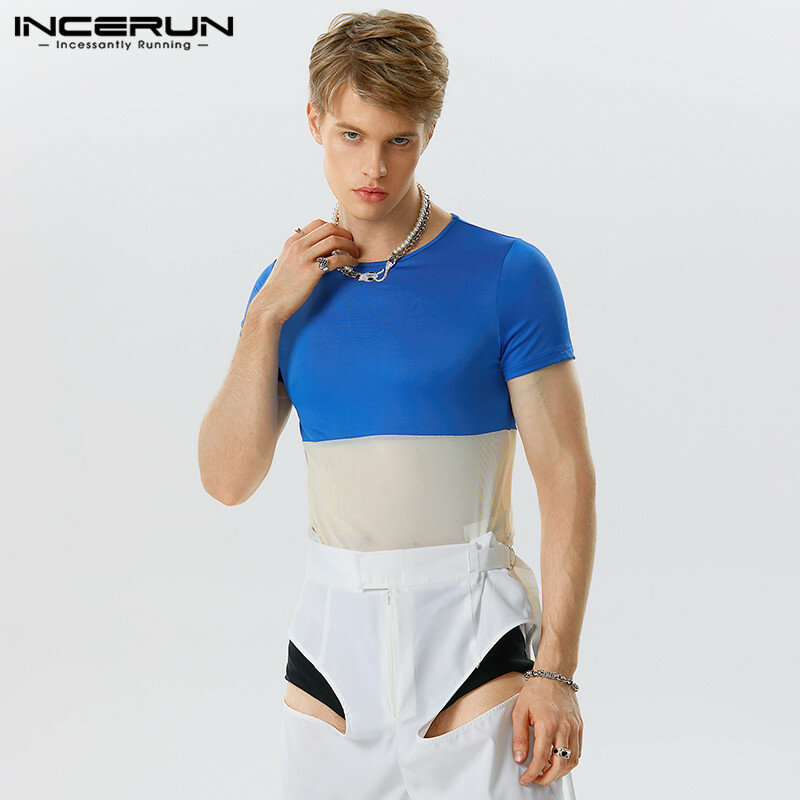 Fashion Casual Style Men Homewear Jumpsuits INCERUN Sexy Solid Patchwork See-through Mesh Triangle Short Sleeved Bodysuits S-5XL