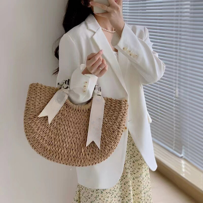 Alphabet-printed Scarf Bag Versatile Half-circle Woven Women's Bag Straw-woven Bag Seaside Handbag