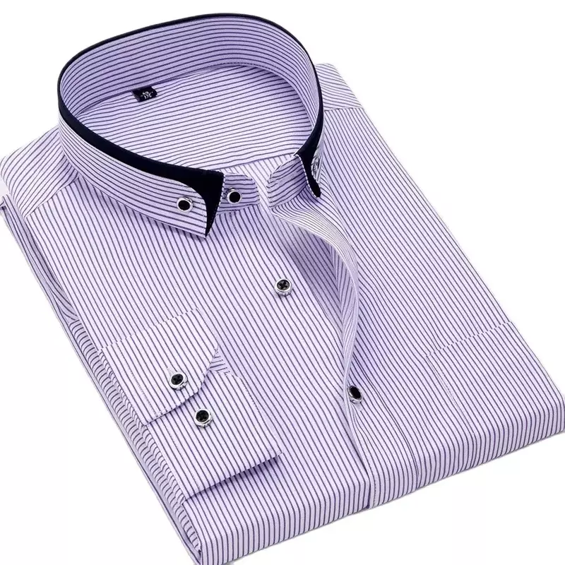 Мужская приталенная рубашка в полоску, деловая рубашка с воротником-стойкой, не требует глажки, топы с длинными рукавами и передним карманом, легкая в уходе