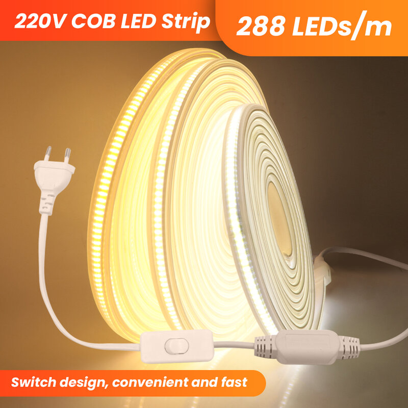 Bande lumineuse LED COB à intensité variable avec prise interrupteur, 220 LED, m, super lumineux, flexible, étanche, extérieur, ruban, 110V, 288 V