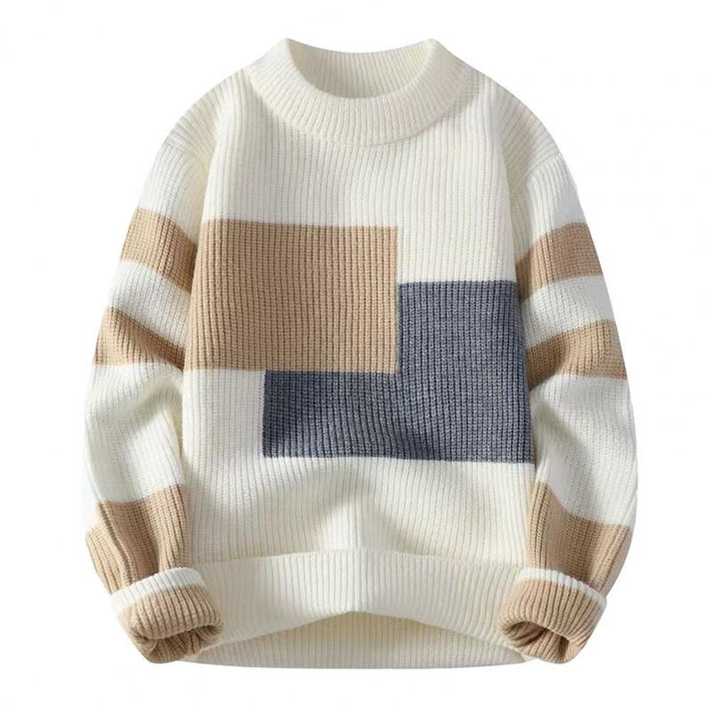 남성용 긴팔 스웨터, 컬러블록 니트 스웨터, 가을 겨울, 두껍고 따뜻한 O넥 풀오버, 긴팔, 부드러운 탄성