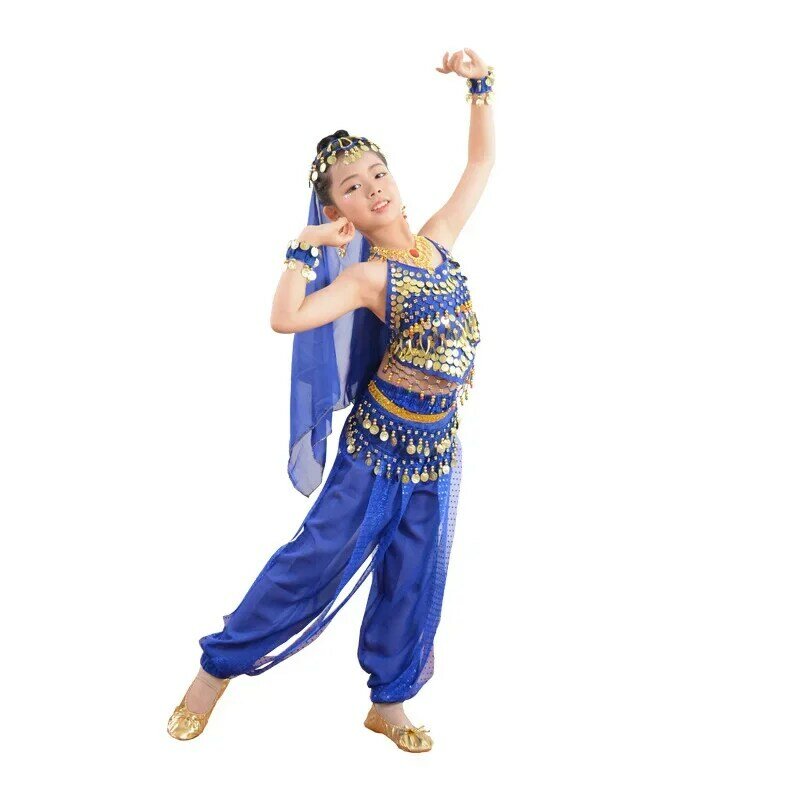 Conjunto de trajes de danza del vientre para niños, danza Oriental, ropa de danza del vientre de la India, 6 colores