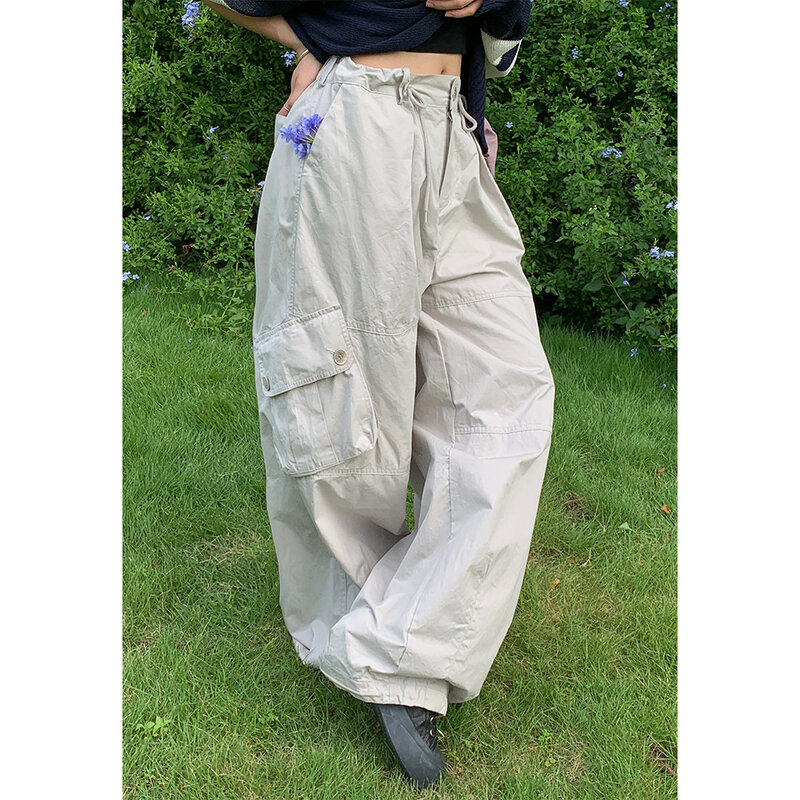 Calça branca feminina, estilo de rua, solta, com cordão, bolsos múltiplos, cintura alta, calças de perna larga