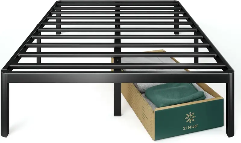 Pełnowymiarowa rama łóżka z platformą metalową 16 cali / wspornik listwy stalowej / sprężyna skrzynkowa nie wymaga / łatwy montaż, kolor czarny
