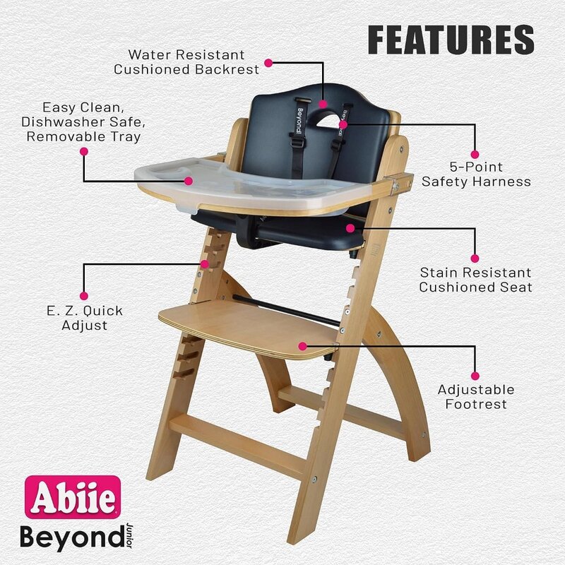 Junior drewniane wysokie krzesełko z tacą. Idealne rozwiązanie regulowane krzesełko dziecięce dla niemowląt i małych dzieci lub jako