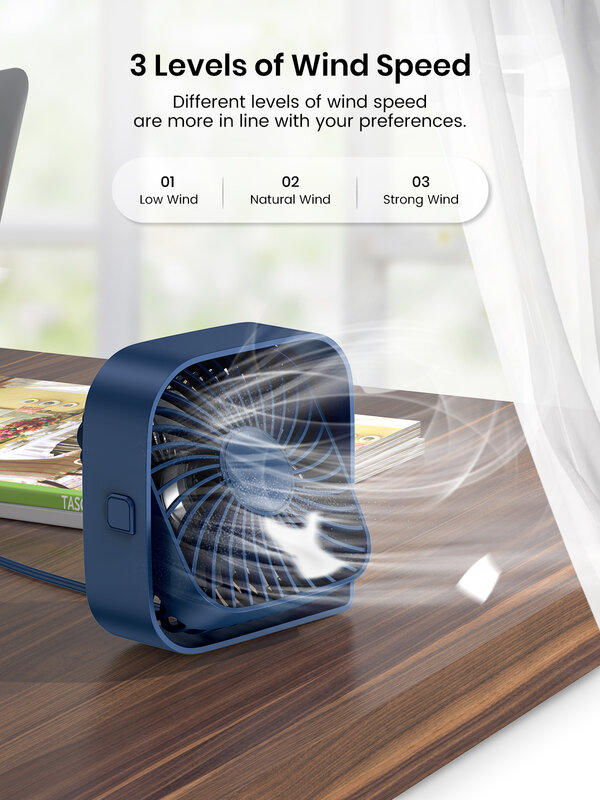 TOPK Mini Portable Fan USB Desk Fan Table Strong Airflow &Quiet Operation 3 Speed Wind 360°Rotatable Standing fans for room Home
