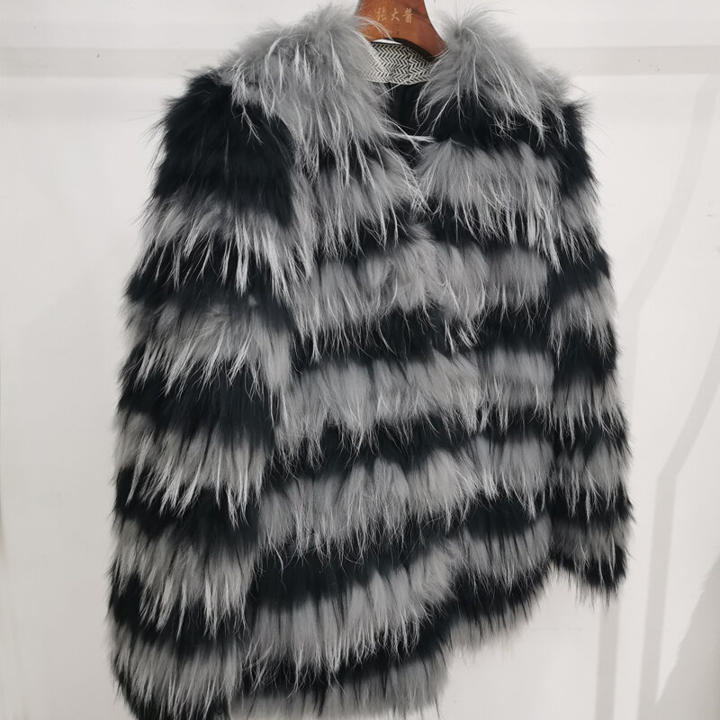 100% True Fox Fur Casaco de Inverno das Mulheres Stripes Luz Luxo Fino V-neck True Fur Coat Comprimento 70cm Casaco Casual