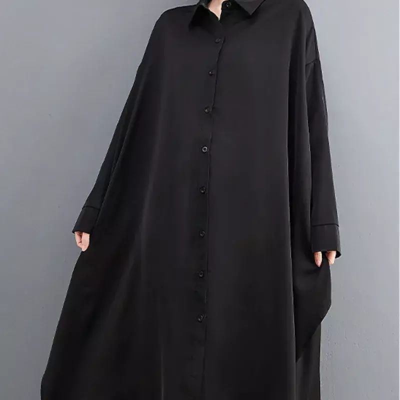 Abito lungo nero donna Polo collo camicia Casual abiti a maniche lunghe abito in Chiffon asimmetrico allentato diviso in stile coreano