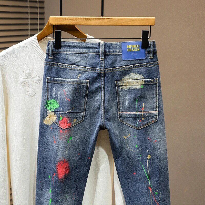 Graffiti Jeans Męskie Hip Hop Spray Paint Modne Spodnie Streetwear Spersonalizowane Spersonalizowane Spodnie Dżinsowe Stretch Slim Foot